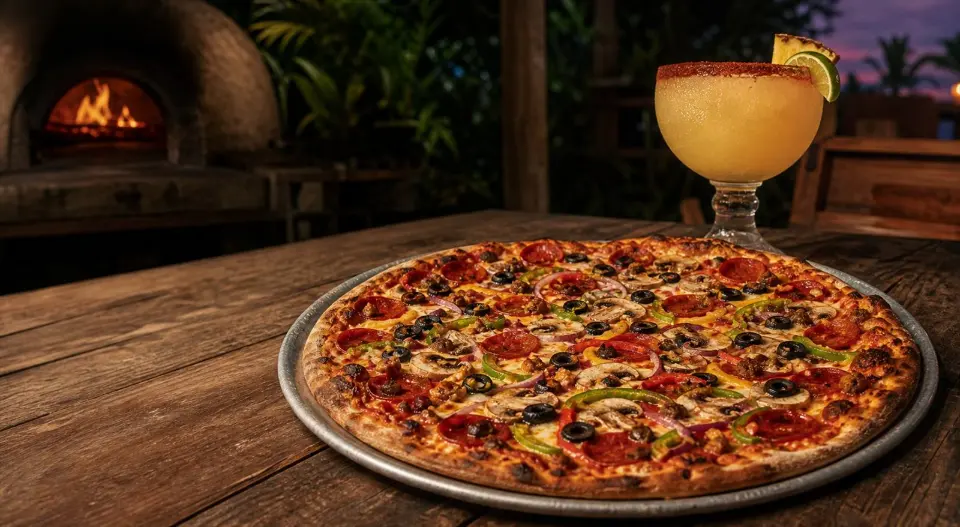 Pizza y margarita junto al horno de leña