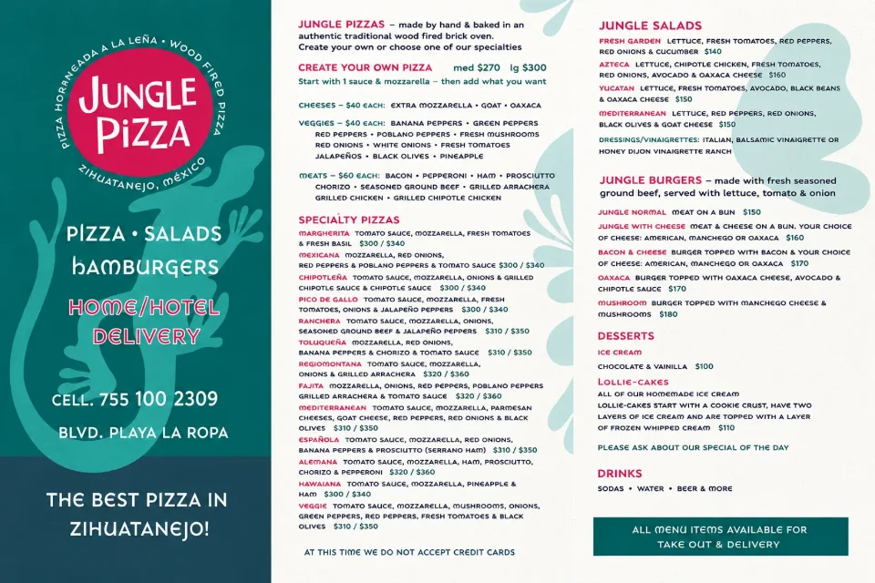 Carta de alimentos de Jungle Pizza en inglés