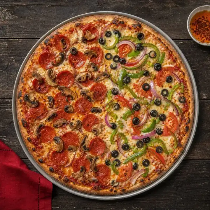 Pizza de masa delgada con pepperoni, champiñones, vegetales y aceitunas